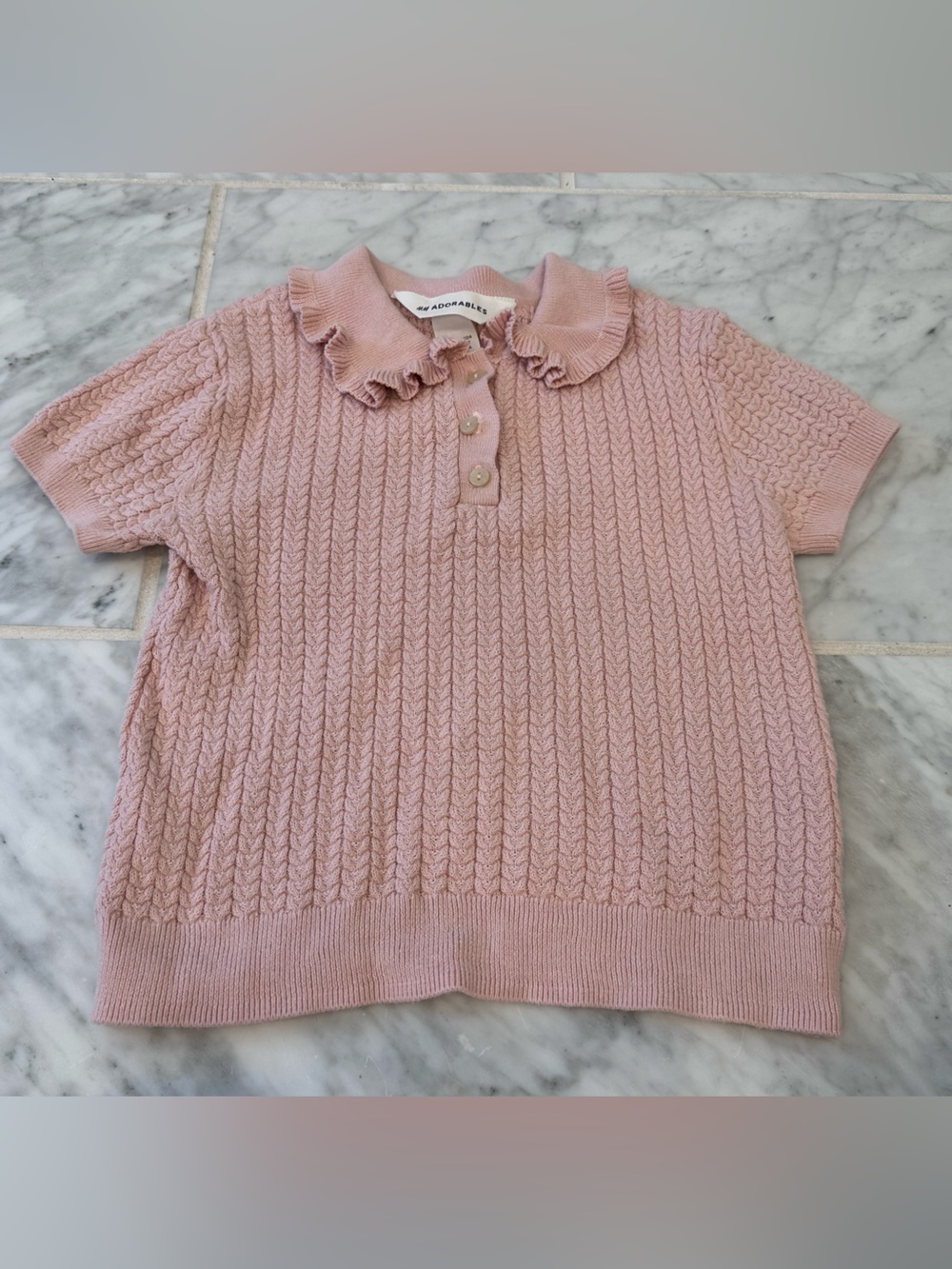 H&M Blush Pink Cable Knit Short Sleeve Sweater with Ruffle Collar